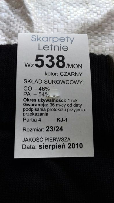 Skarpety wojskowe czarne letnie wz 538 nowe