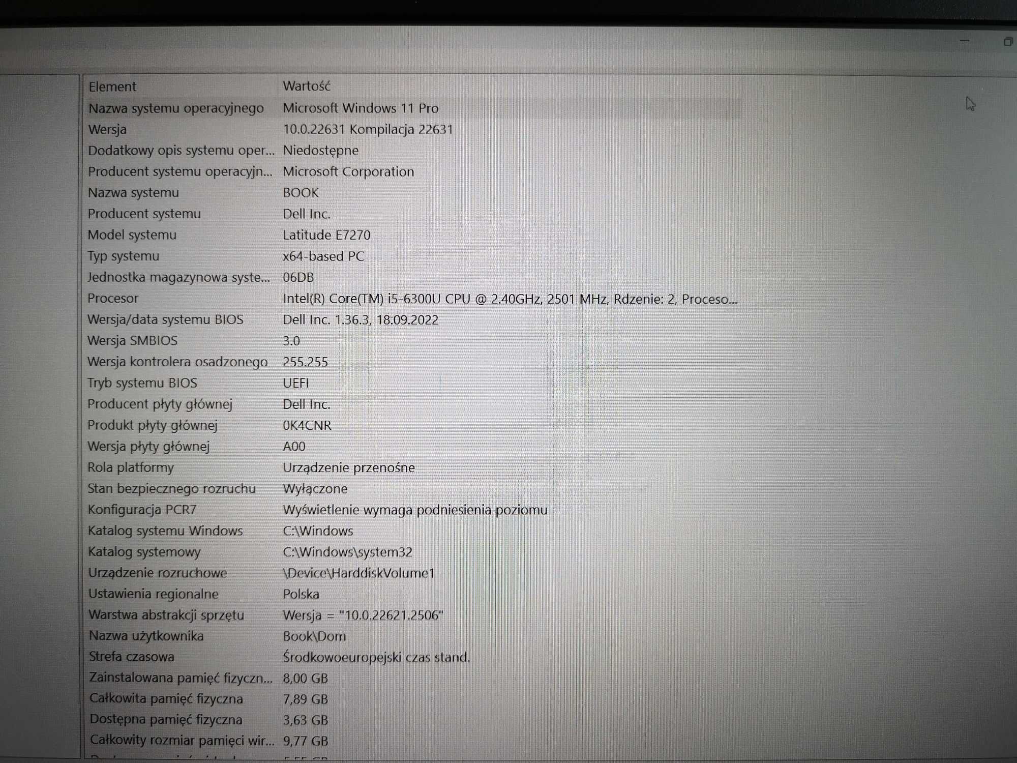 Dell E7270, i5-6300U 2.40GHz, 8GB RAM, Dysk NVMe SSD 256GB, Win 11 Pro