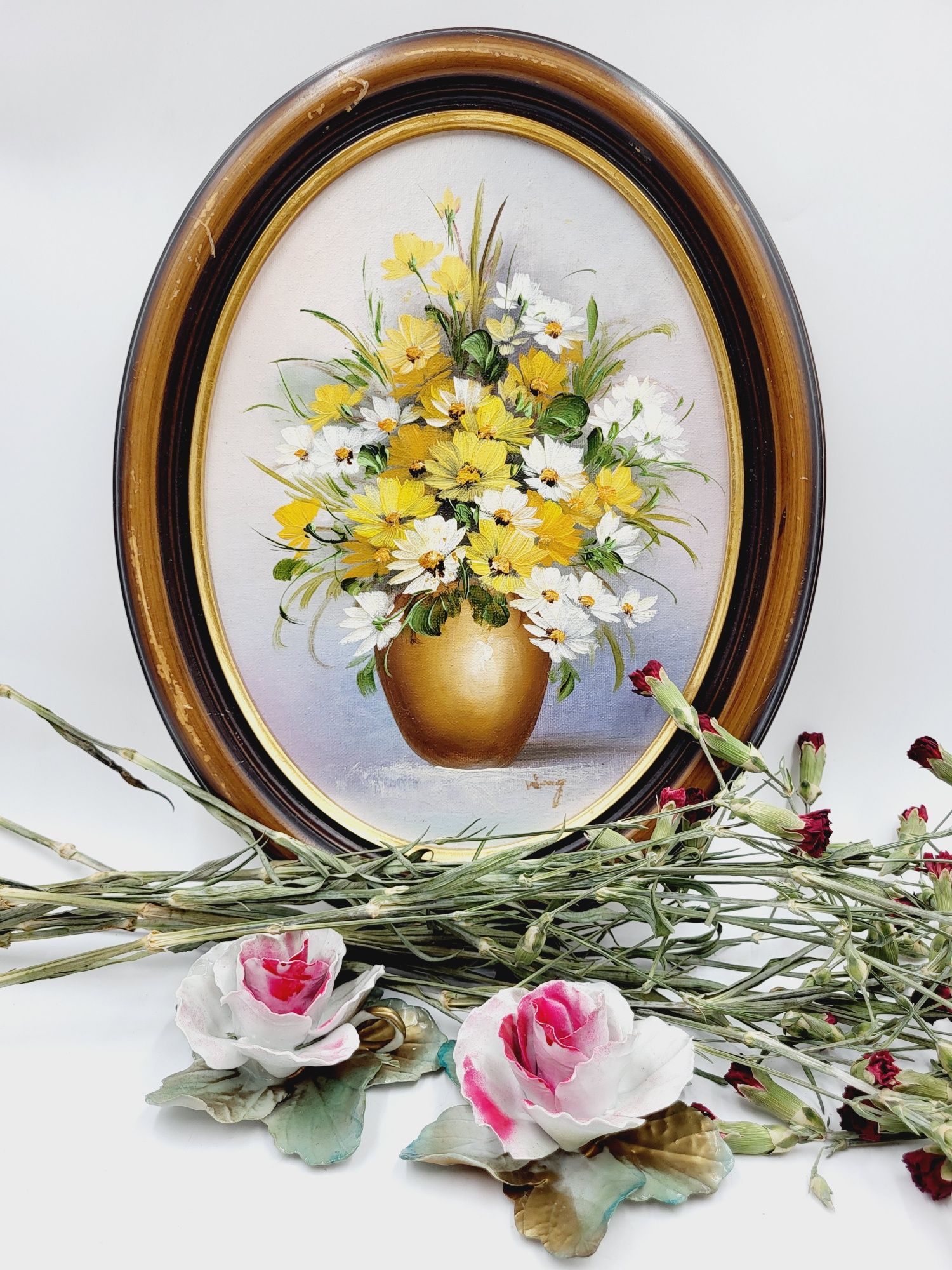 Dwa piękne olejne podpisane obrazki z motywem kwiatów