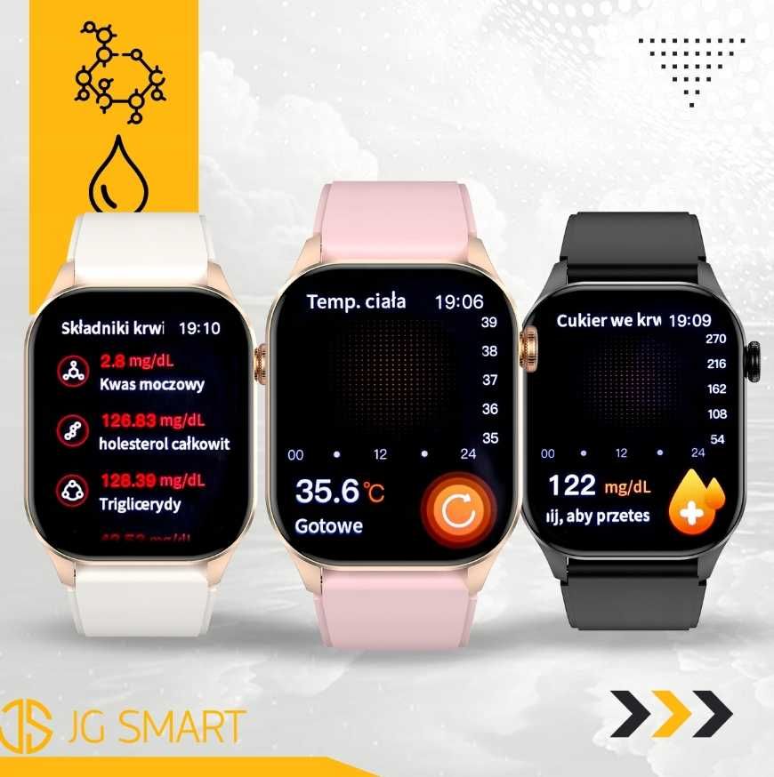 Smartwatch Damski Zegarek Pomiar Glukozy Ciśnienie Rozmowy 2 paski PL