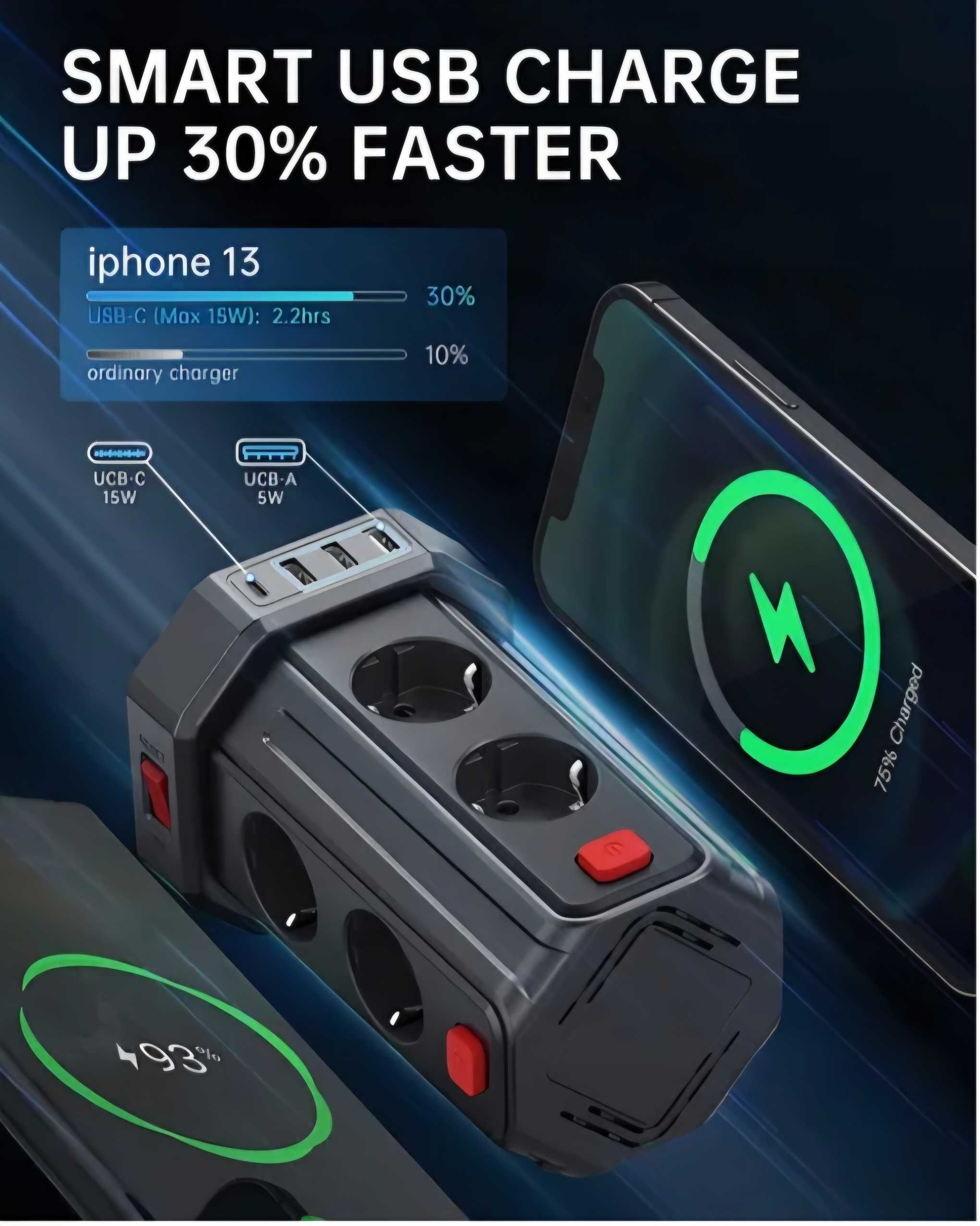 Przedłużacz pionowy wieża 12w1 8 gniazdek 3 x USB-A 1 x USB-C 3m 2500W