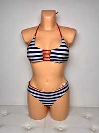 Strój kąpielowy bikini paski marynarski S 36 czarny biały czerwony