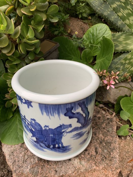 Cachepot Floreira Azul & Branco Porcelana Oriental