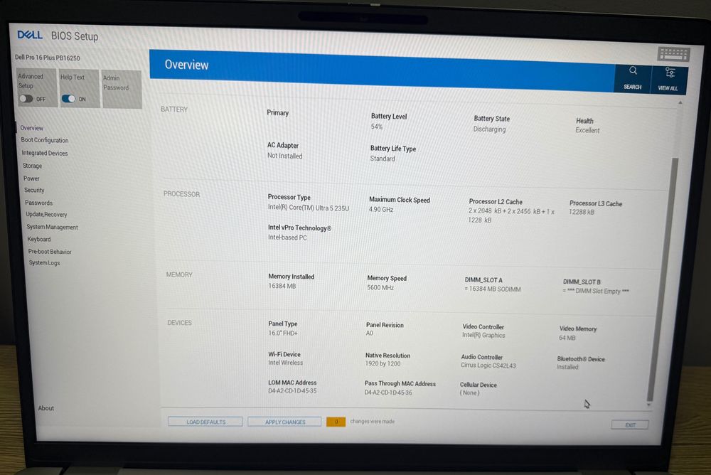 Ноутбук Dell Pro 16 Plus PB16250 Ultra 5 235 /16 Ram/ 256/FHD+