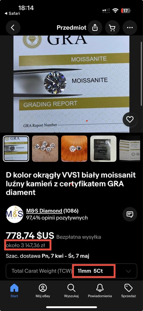 Moissanit 5.0ct D VVS1 11mm z Certyfikatem GRA