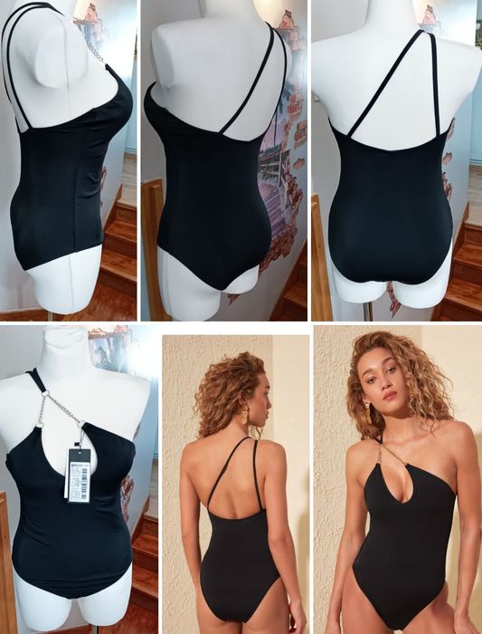 Trendyol Czarny strój kąpielowy na jedno ramię z łańcuszkiem r. L Nowy