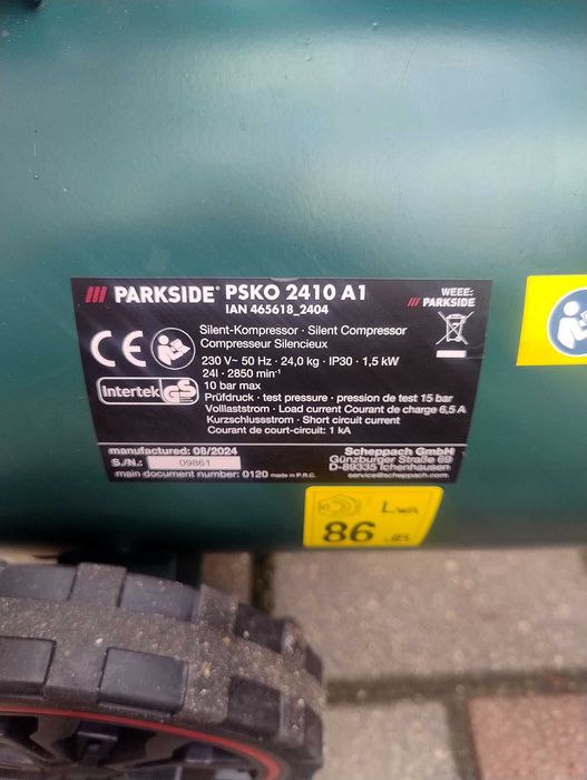 Kompresor 24 l 10 barów bardzo cihy 2 tłokowy PARKSIDE PASKO 2410 A1