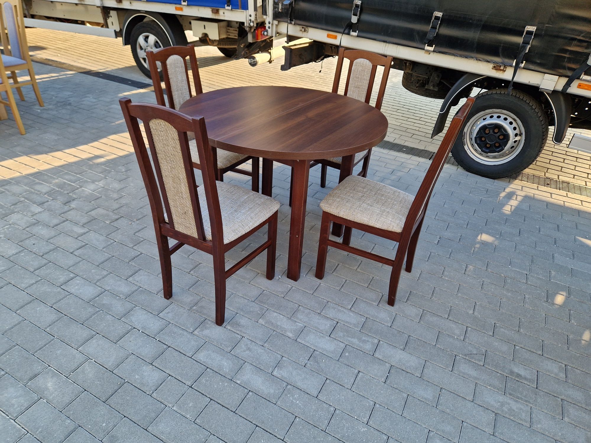 Nowe: Stół okrągły + 4 krzesła, orzech + cappuccino,  dostawa cała PL