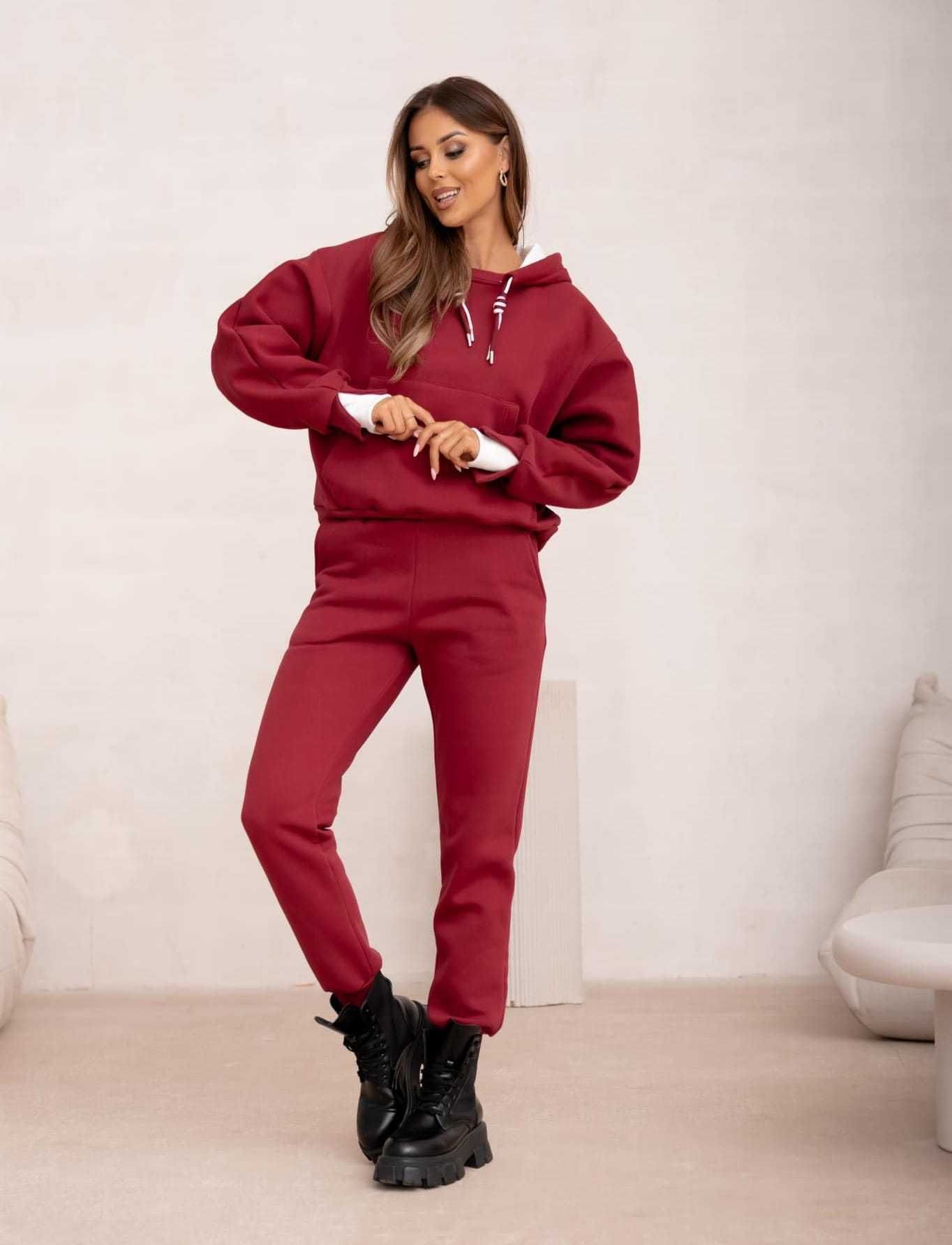 Dresy damskie bordowe ocieplane bluza oversize + spodnie r.UNI wys.24h