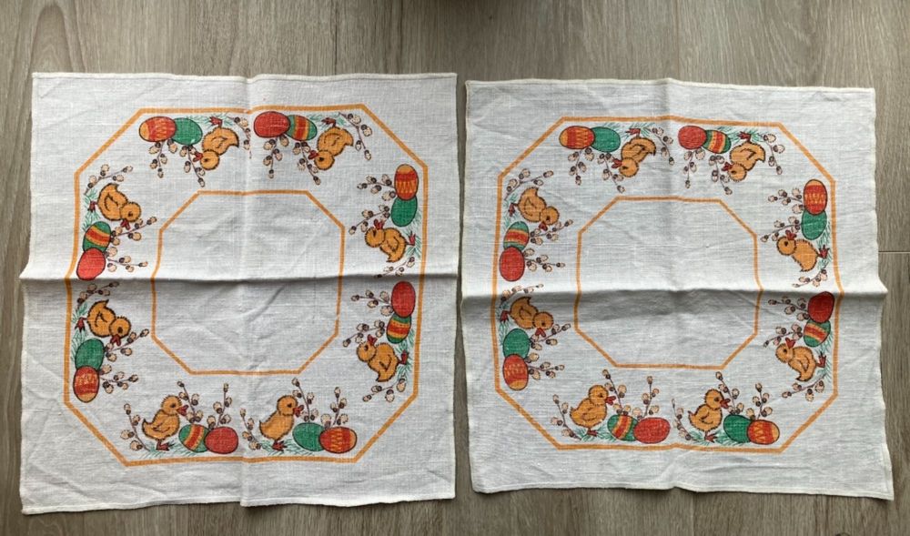 Zestaw/2 szt lnianych serwetek, PRL, Wielkanoc