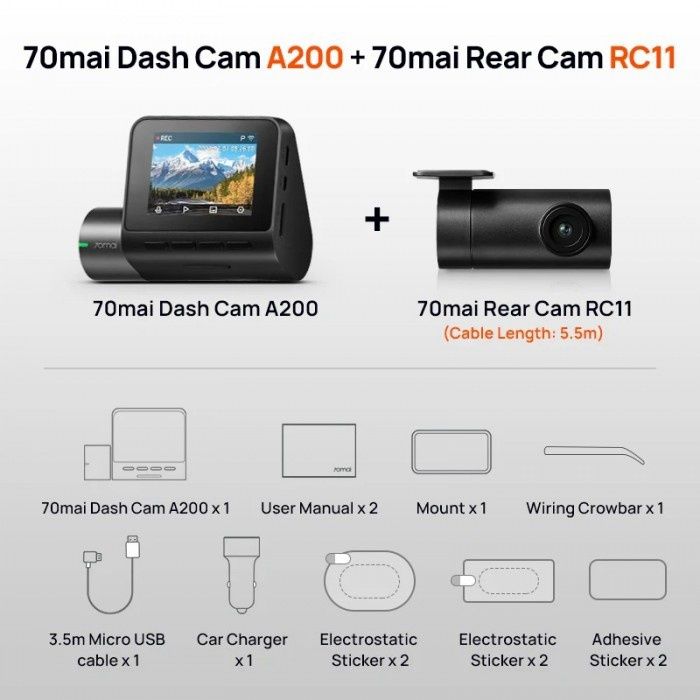 70mai A200 + Rear Cam RC11 | Full HD 1080P HDR, 2-камери