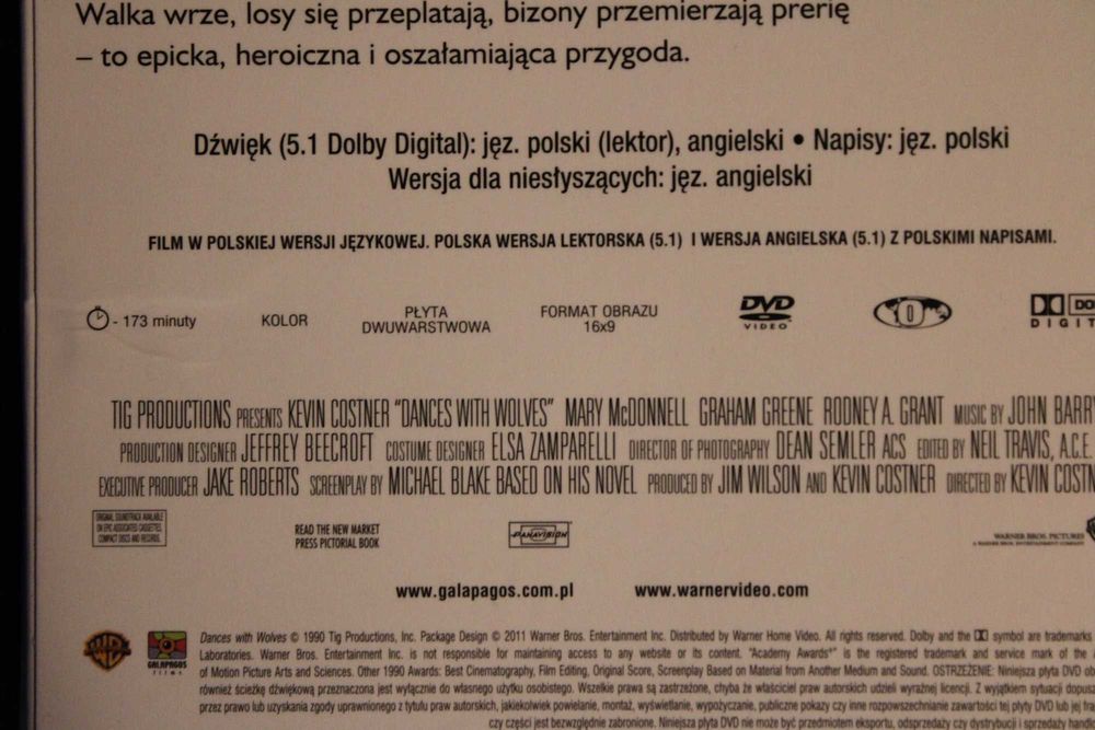 Tańczący z wilkami - film na DVD - lektor PL, 16x9,  jak nowy - OKAZJA