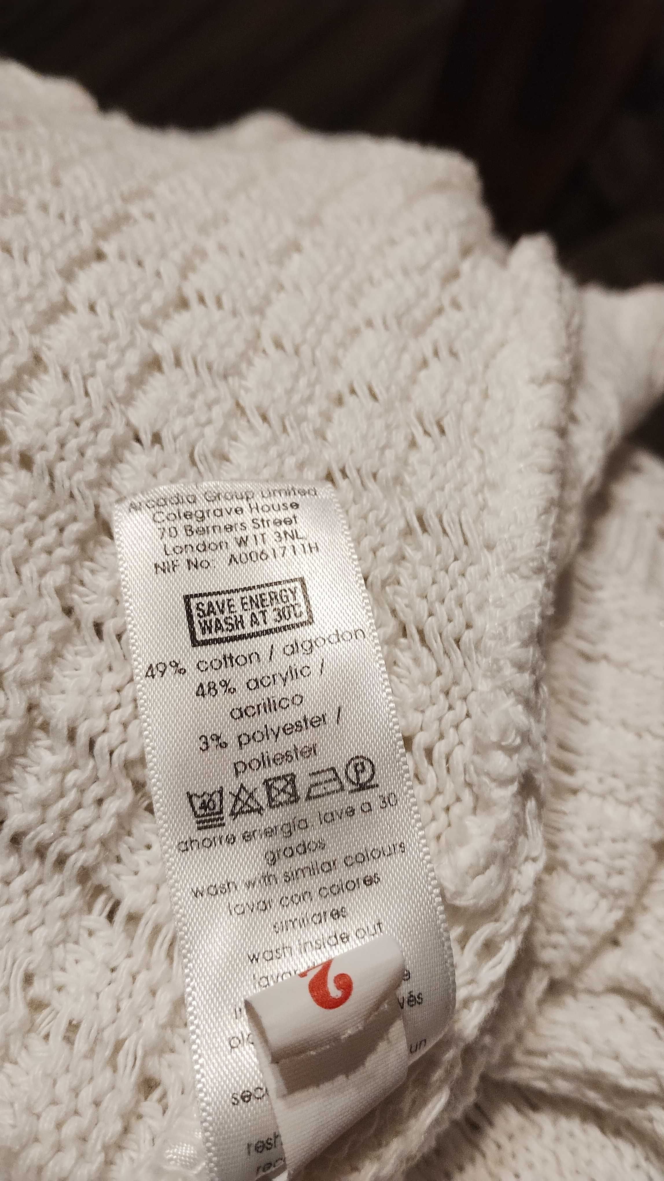 Biały długi Kardigan Narzutka z Ażurowej Tkaniny – rozmiar 50/52