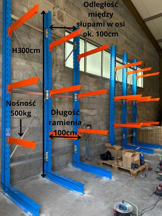 Regał magazynowy wspornikowe jednostronne H300 ramiona 100cm dłużyce