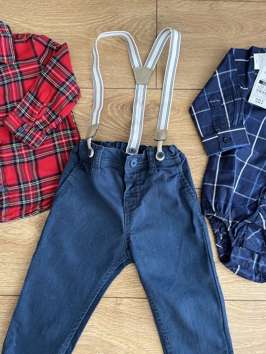 Świąteczny komplet koszula czerwona krata granatowe spodnie z szelkami