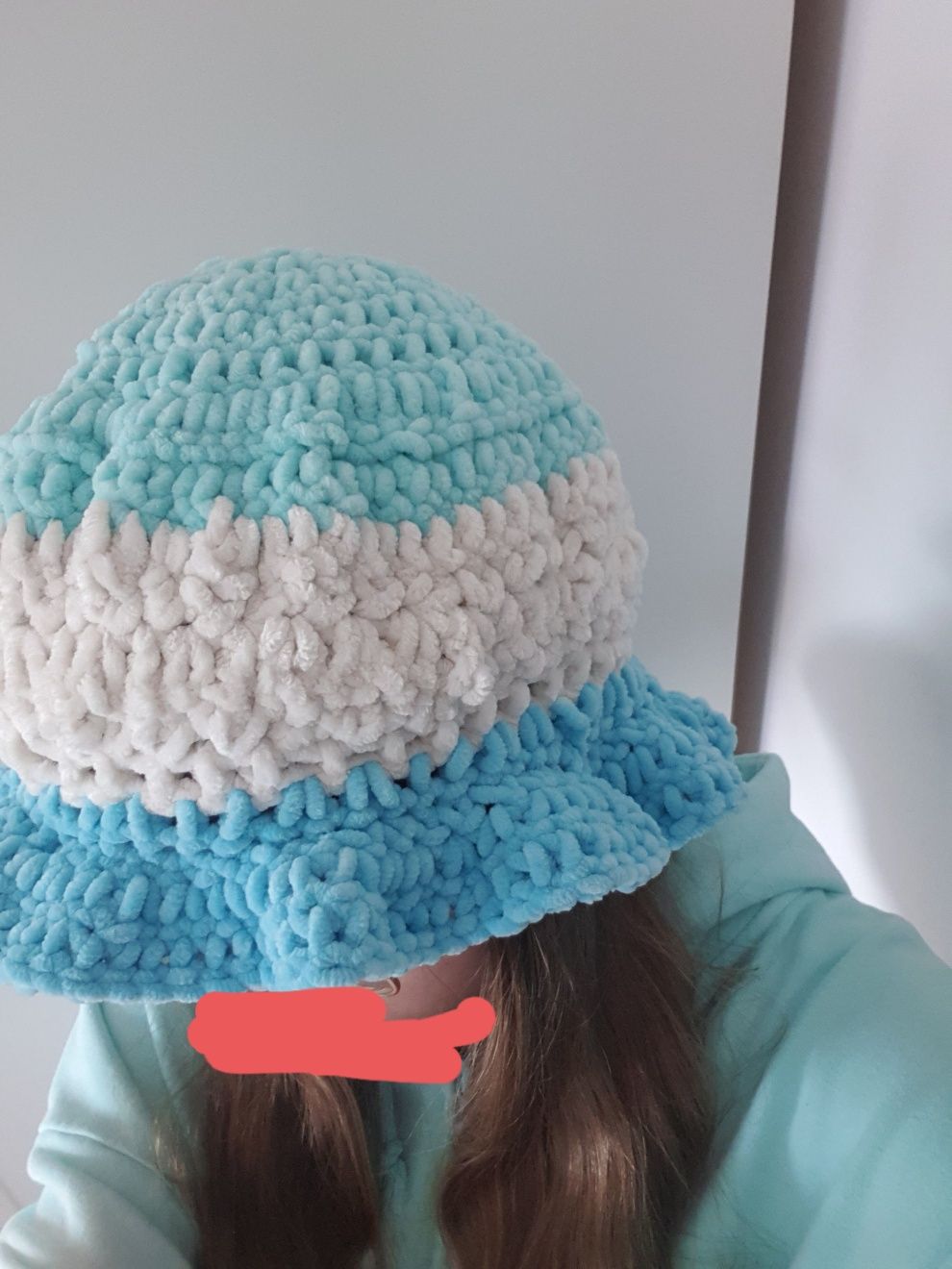 Niebiesko biało morska letnia czapka kapelusz na szydełku handmade