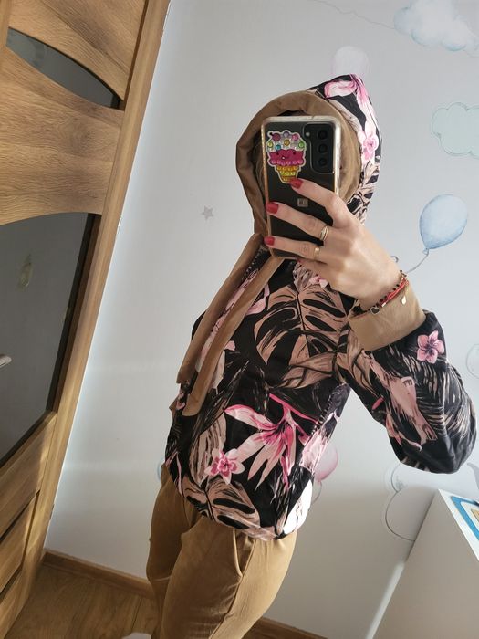 Komplet welurowy dres brazowy / beżowy bluza z kapturem L