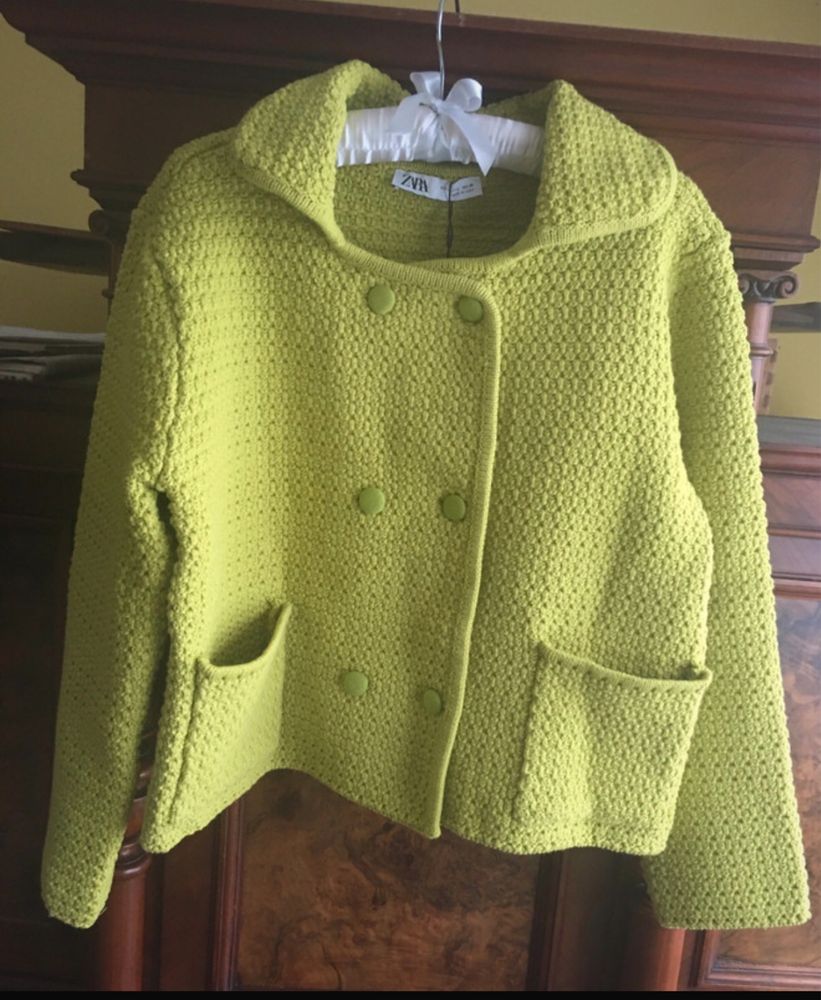 ZARA Sweter limonkowy z kołnierzykiem 64 % bawełna L