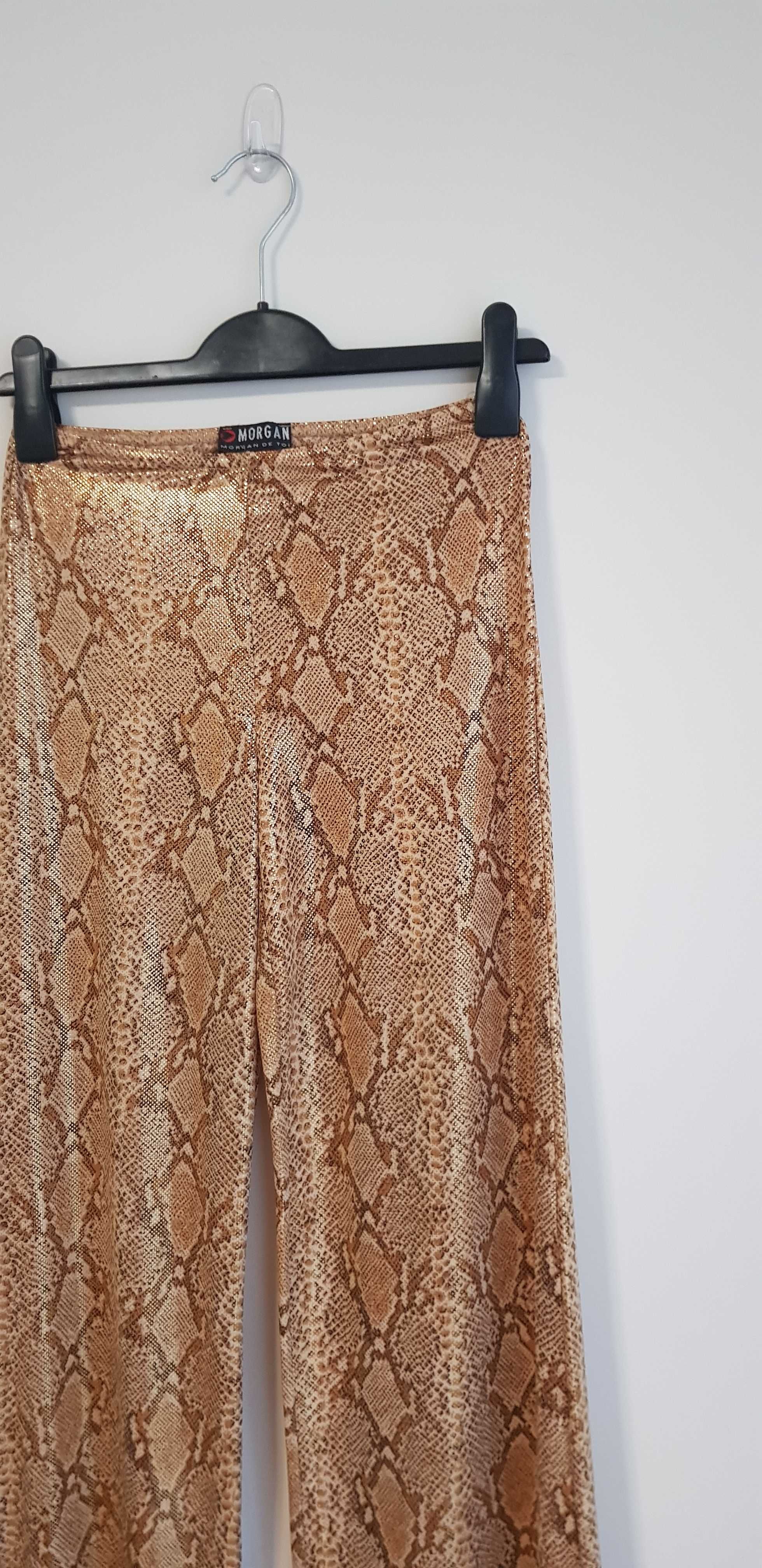 Nowe damskie błyszczące wężowe złote spodnie wąż lata 70/80 Morgan
