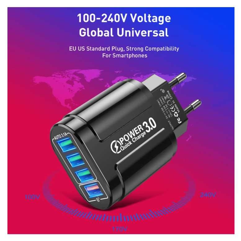 Отличная Быстрая зарядка для телефона 4 Порта USB Q.C.3.0 48W Зарядное