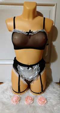 Strój erotyczny pokojówka kostium bielizna erotyczna komplet harness