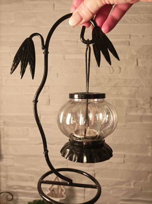 Świecznik stojący 26 cm metal szkło lampion ozdoba dekoracja