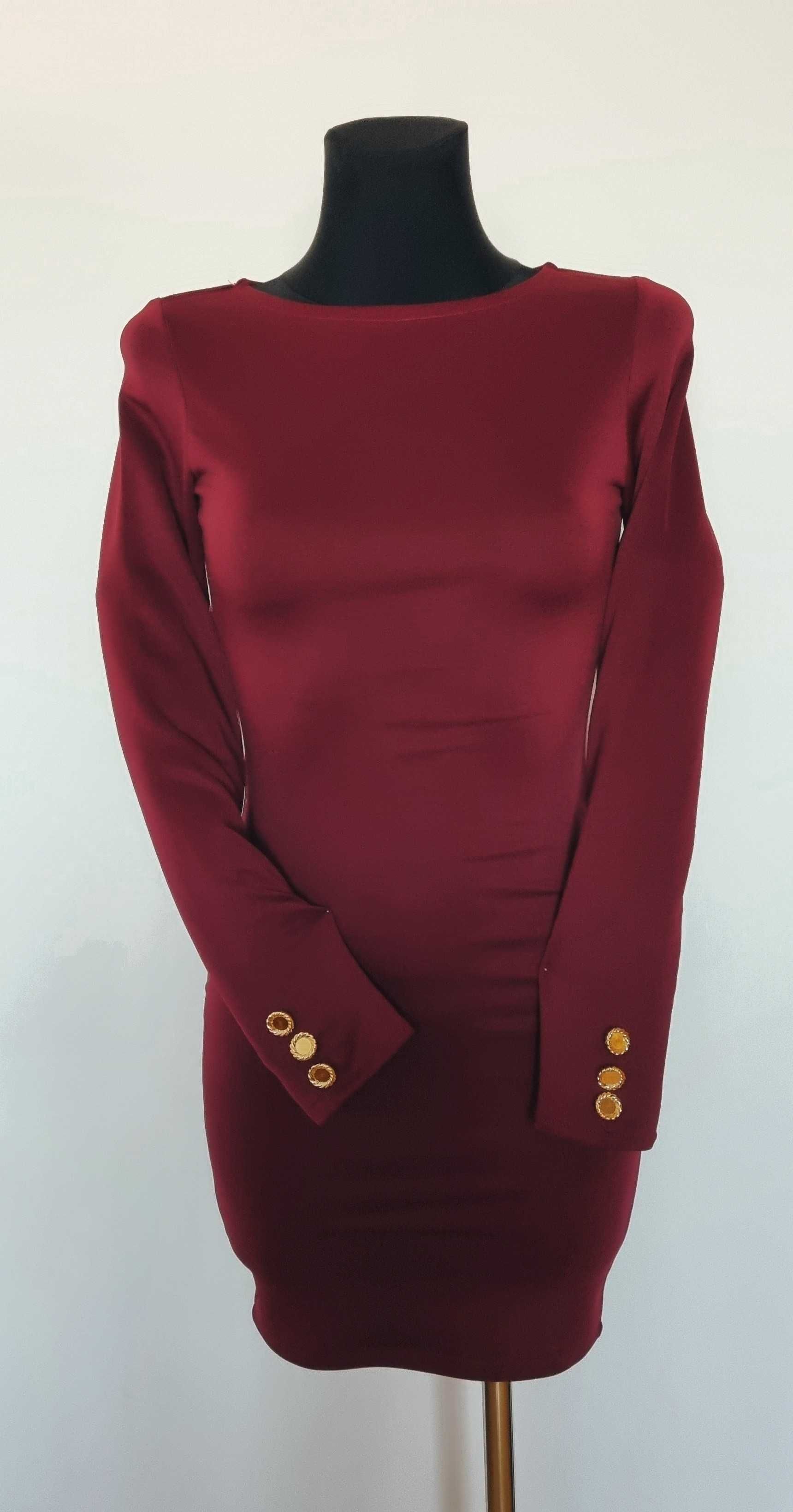 Sukienka BORDOWA ołówkowa ZŁOTE GUZIKI na Rękawach XS/S, S.M, M/L