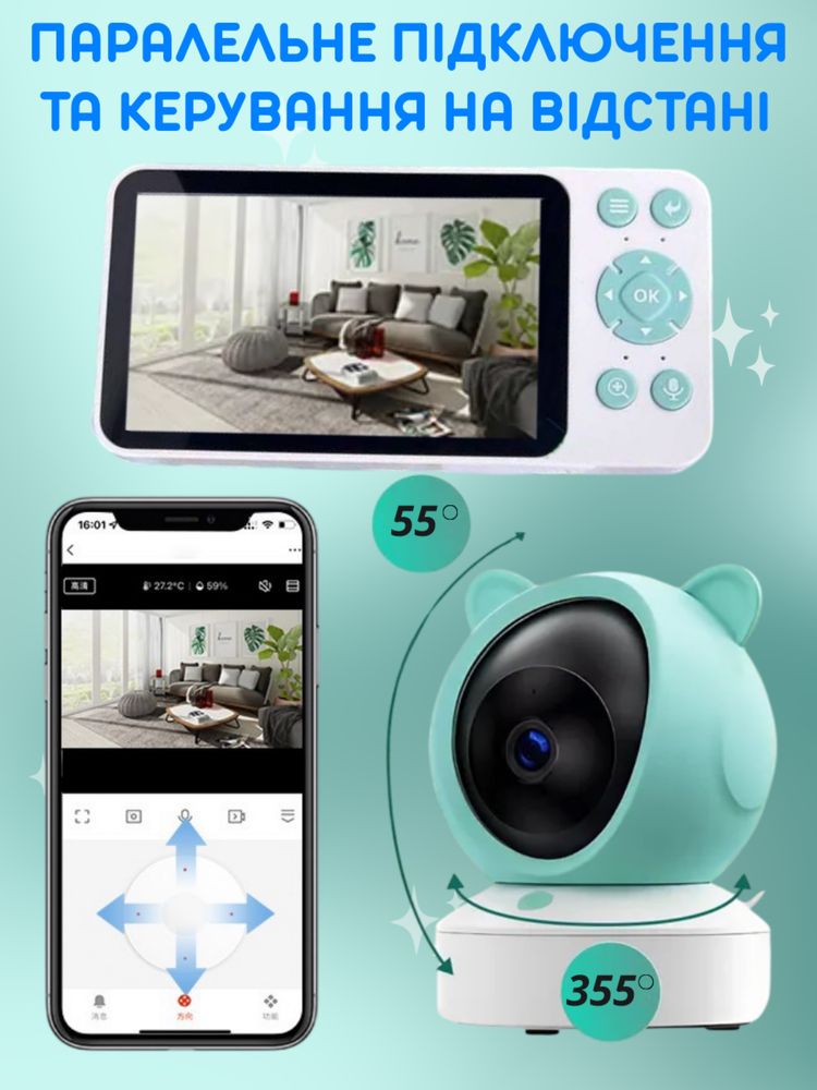 Відеоняня BabyMonitor поворотна, 5дюймів дисплей, керування з телефону