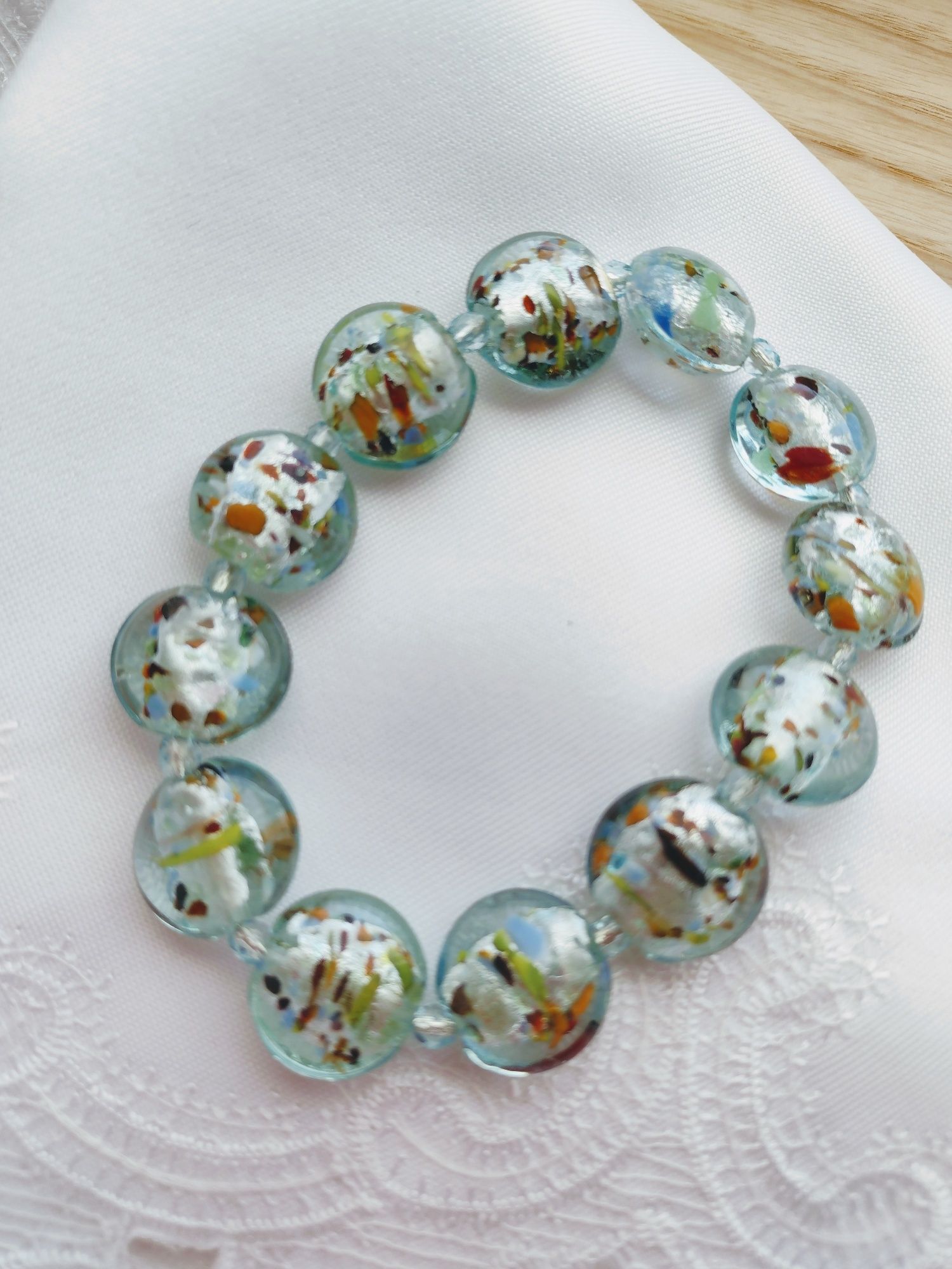 bransoletka 19cm błękitno srebrne szkło weneckie w kolorowe drobinki
