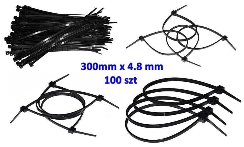 Opaski plastikowe samozaciskowe 300mm x 4.8 mm trytytki czarne 100 szt