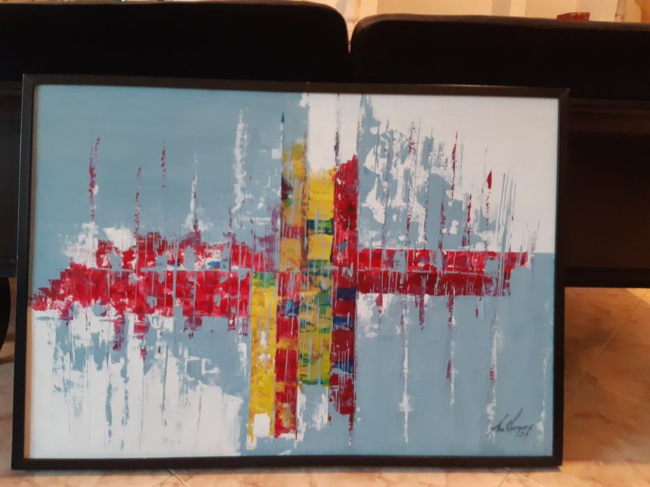 Quadro abstrato em acrílico sobre tela com moldura original e único de