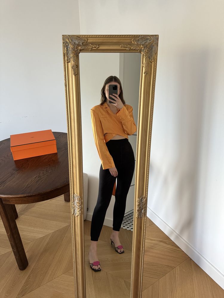Bershka pomarańczowa marynarka L 40 satynowa crop top z kołnierzykiem