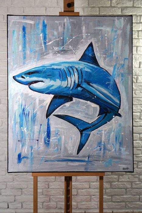 Ręcznie malowany oryginalny nowoczesny duży obraz akrylowy rekin Stach