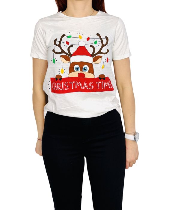Biała koszulka z reniferem i napisem „Christmas Time” XS 34 Sinsay