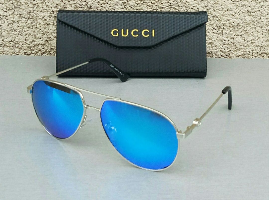 Gucci очки капли мужские голубые зеркальные в серебристом металле