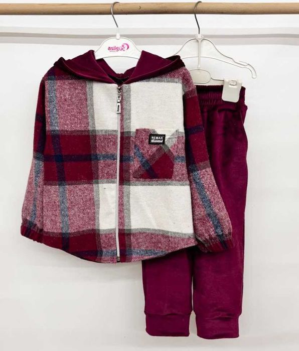 Теплий костюм клітинка кашемір+велюр хутро 98-158 см костюм клетка топ