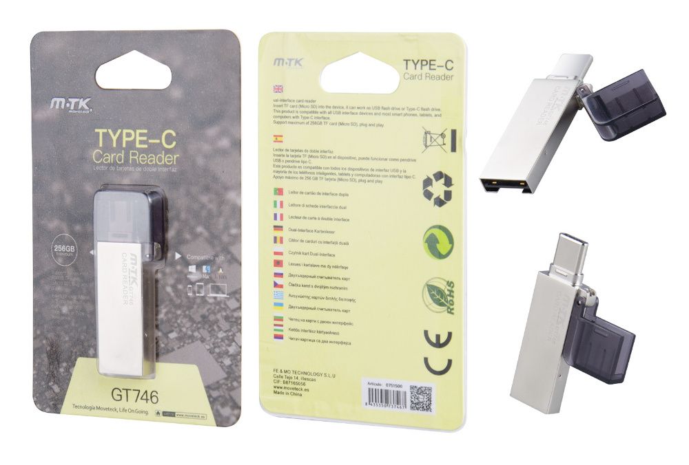 Leitor de cartões Micro SD com interface dupla (USB e Type-C / USB-C)