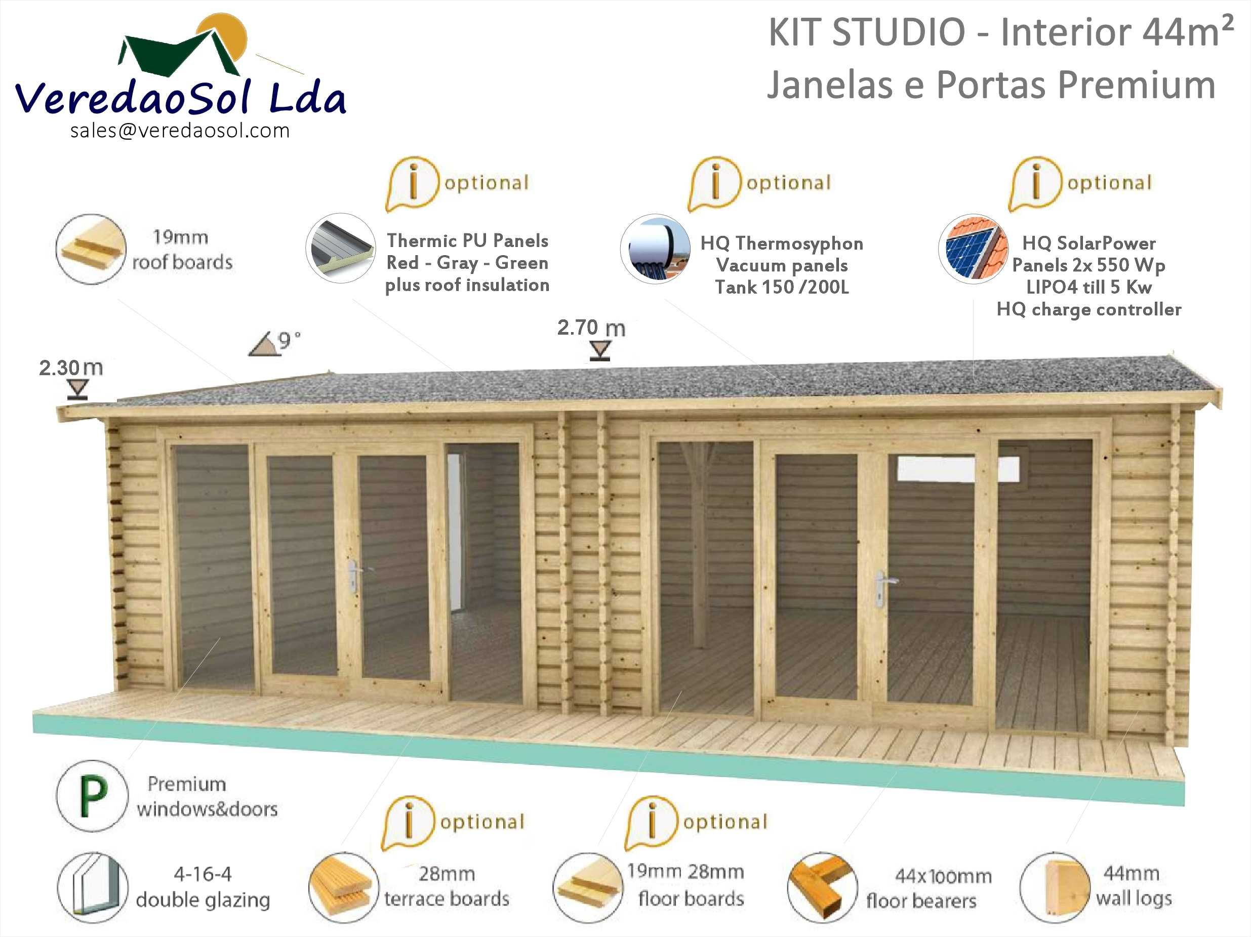 Casa de madeira STUDIO 6x8 44mm área coberta 54m² - Tiny House
