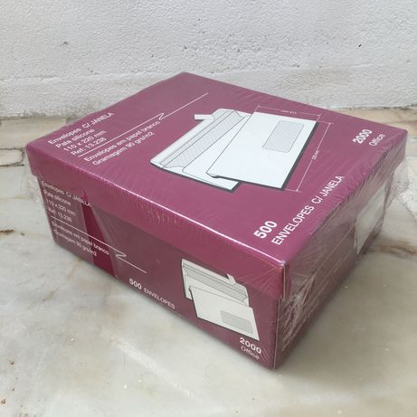 caixa c/500 envelopes DL c/janela, 110x220 mm, pala silicone 90gm2