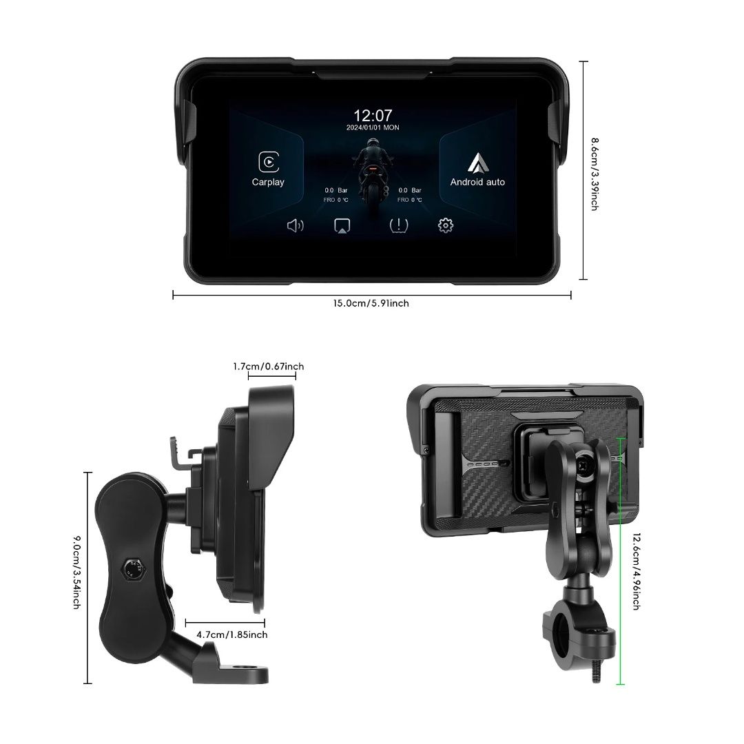 Monitor Moto 5" HD Wireless CarPlay/Android Auto | IP68 | TPMS | NOVO