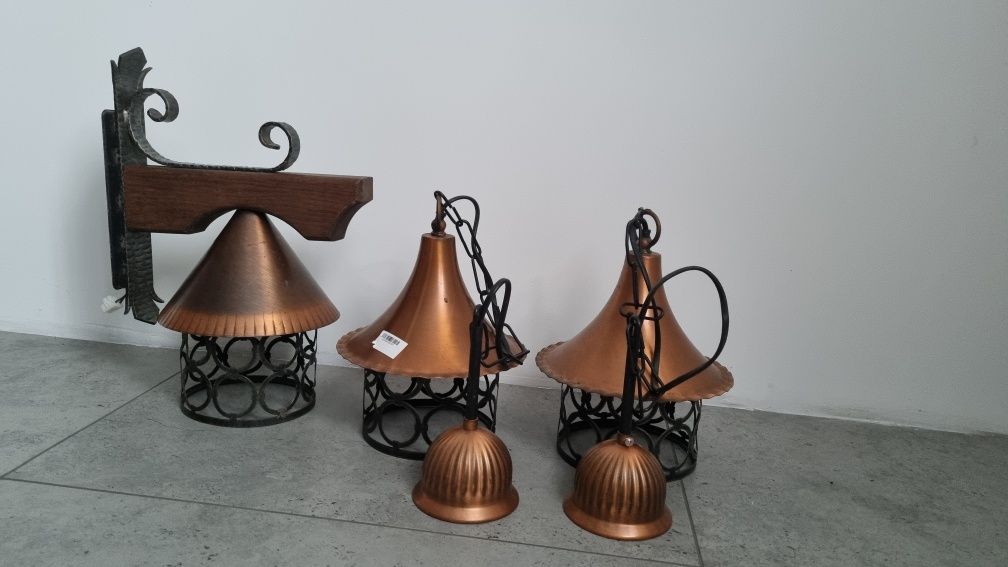 Kinket na ściane  i 2 wiszace lampy vintage miedź, stal, drewno dębowe