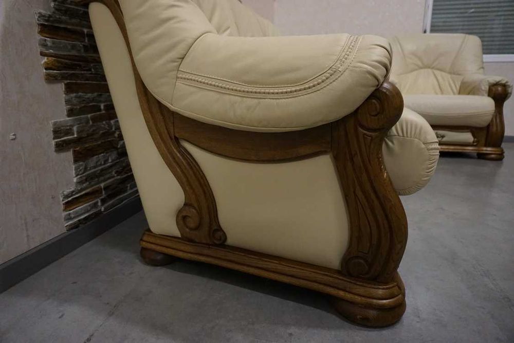 Zestaw na Stelażu Dębowym 3+1 Skóra Naturalna Jasna + Szuflady w-1116