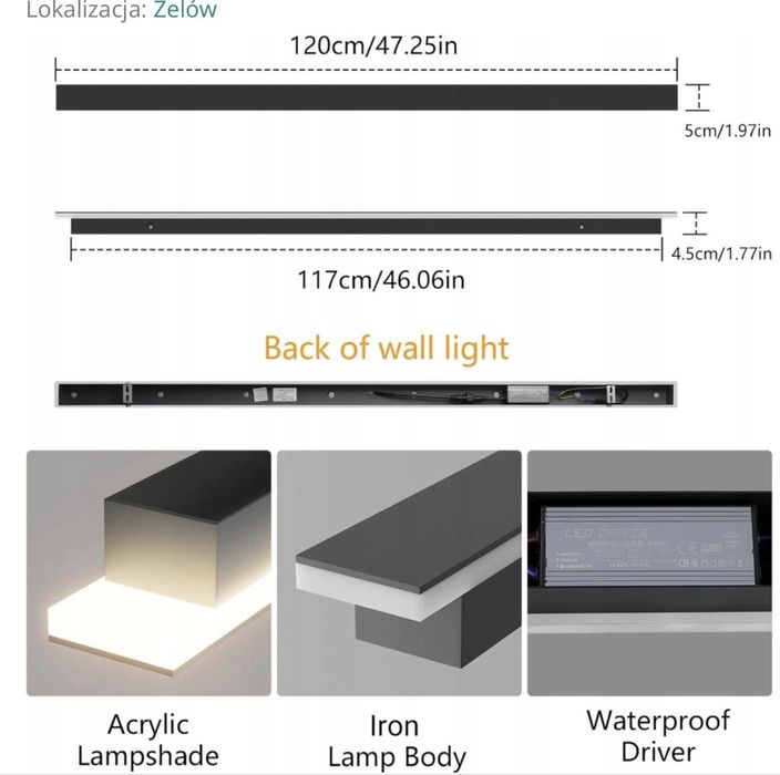 Klighten lampa ścienna zewnętrzna LED | czarna 35W 120cm  3000K