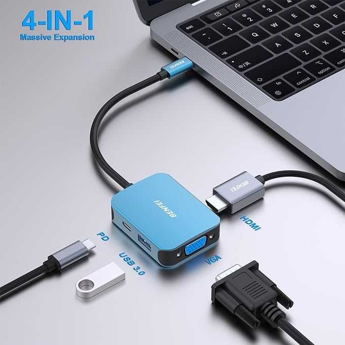 BENFEI Adapter USB C na HDMI VGA, typ C 3 w 1 do HDMI + VGA+USB 3.0,