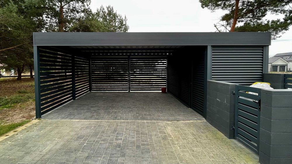Nowoczesna wiata garażowa, carport z pomieszczeniem gospodarczym