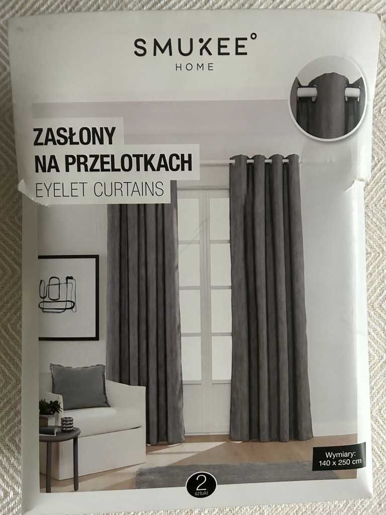 NOWE szare aksamitne zasłony na przelotkach 2-pak Smukee 140x250