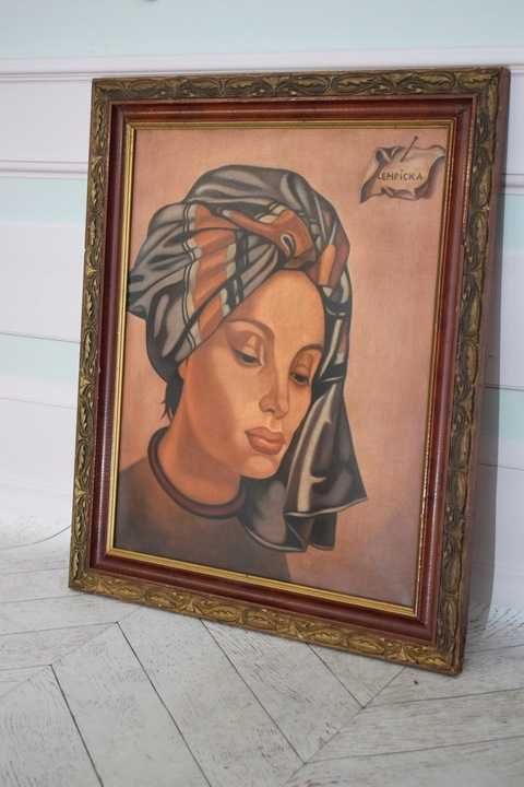 T De Łempicka - Portret Kobiety w Chuście na Głowie - Obraz Olejny