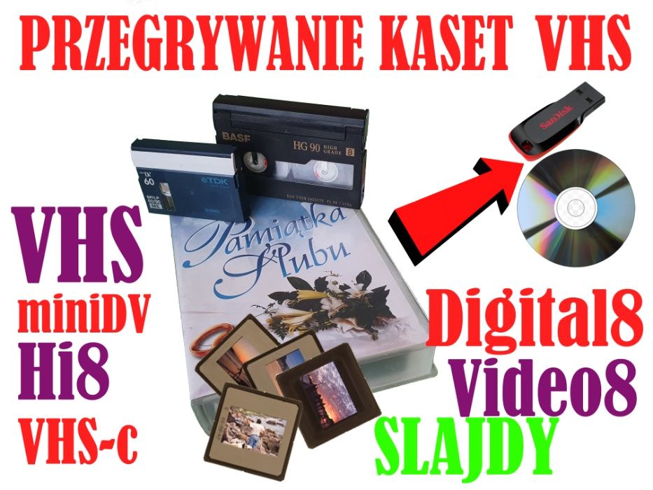 Przegrywanie kaset VHS, Digital8, miniDV, Slajdów na DVD,Pendrive