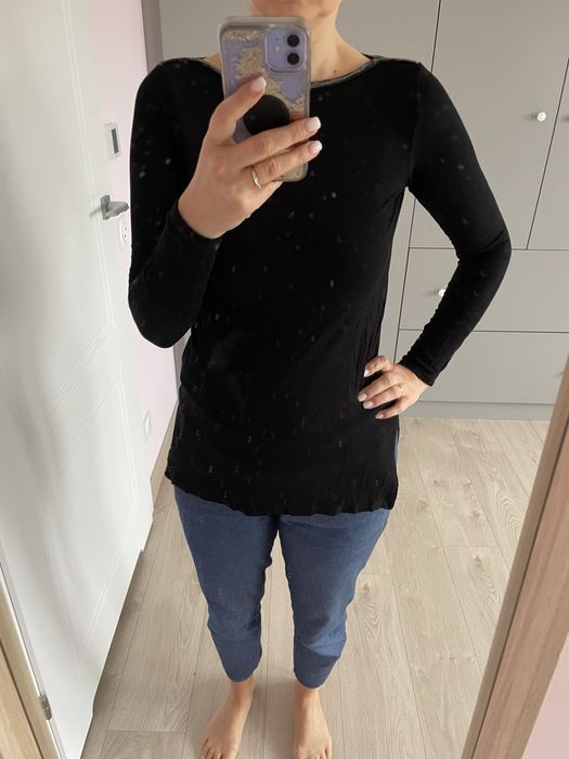 Bluzka czarna t-shirt długi rękaw promod 36 s bawełna