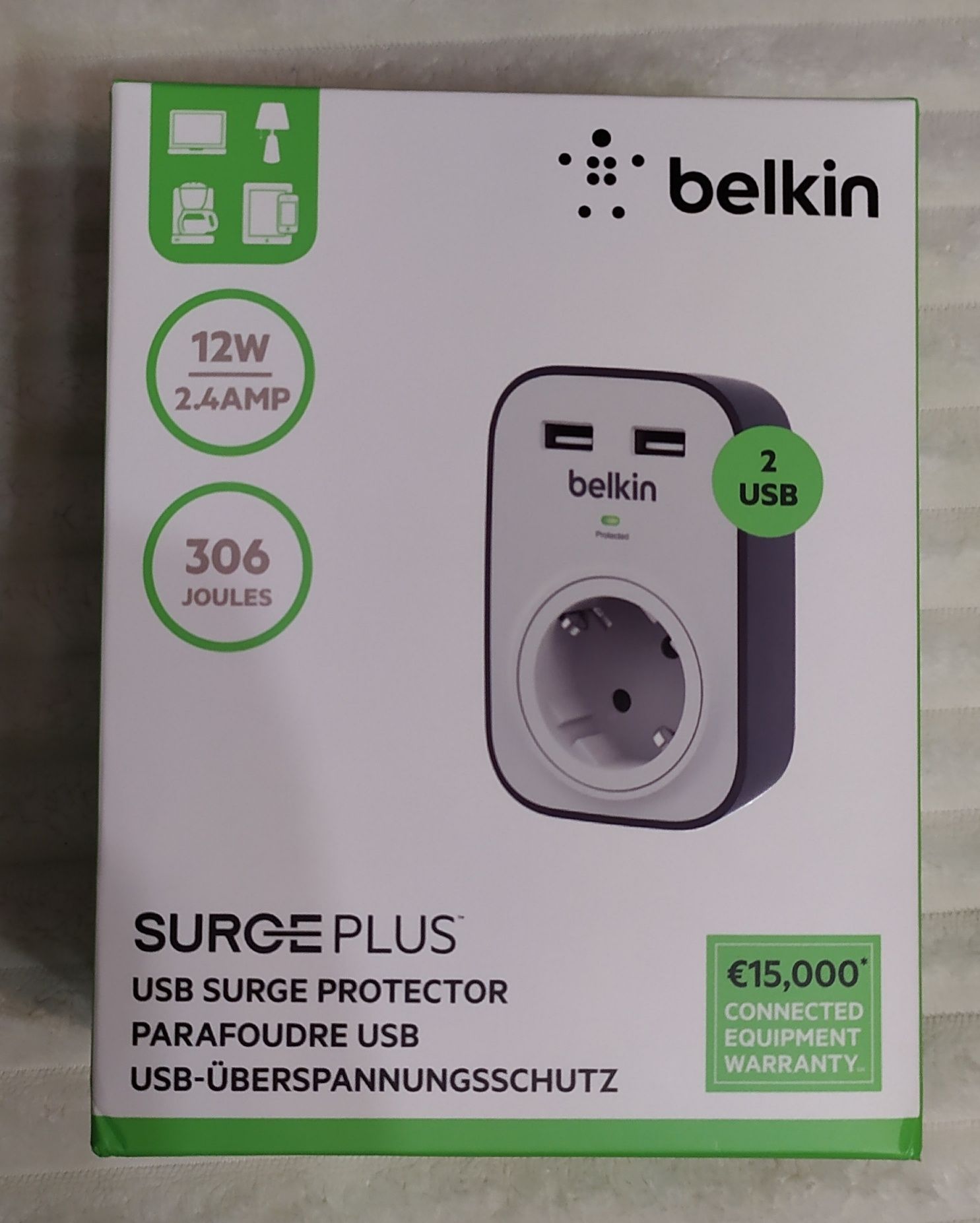 Мережевий фільтр + ЗП Belkin SurgeCube, 2 USB, BSV103VF